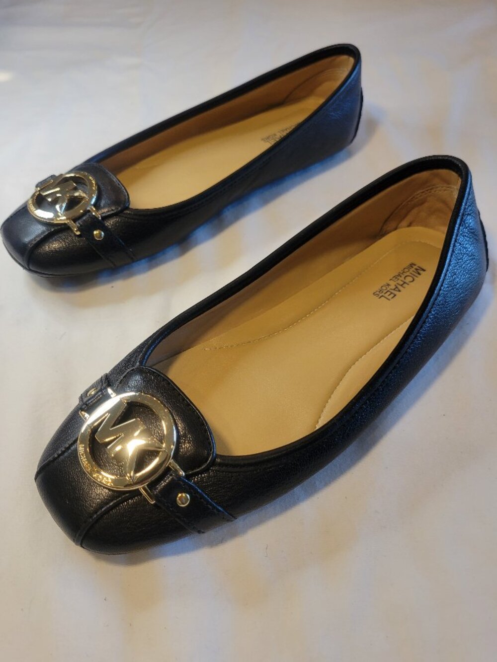 Michael Kors Black Leather Ballet Flats Gold MK Logo Loafers 7M - Picture 3 of 12